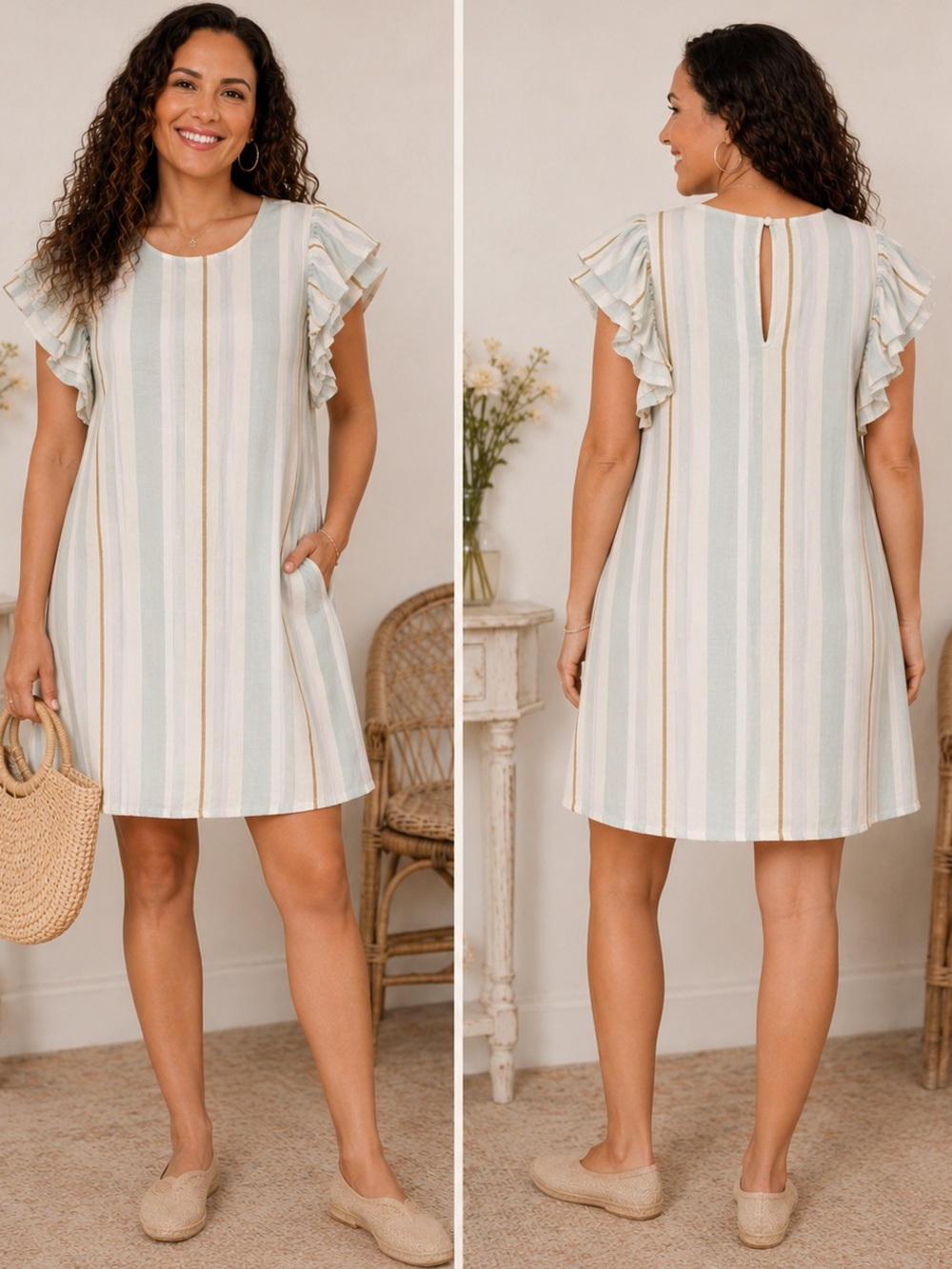 Pastel Mint Stripe Ruffle-Sleeve Cottagecore Coastal Preppy Resortwear Dress XS